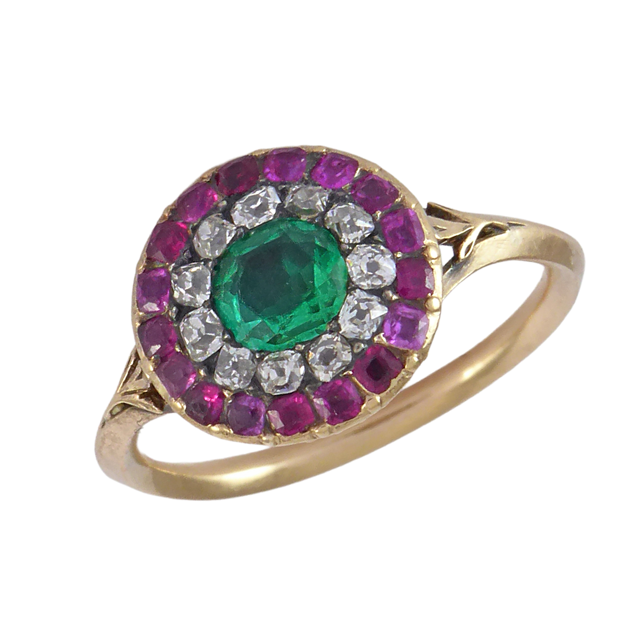 18th century emerald, ruby and diamond target cluster ring, c.1780, central rounded facetted emerald,